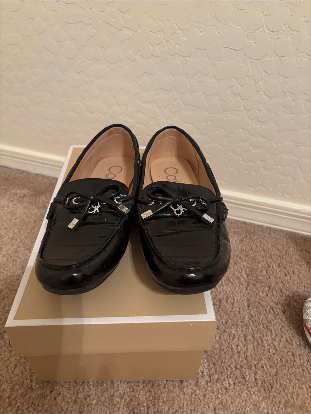 Calvin Klein Black Patent Bow-Trim Loafers